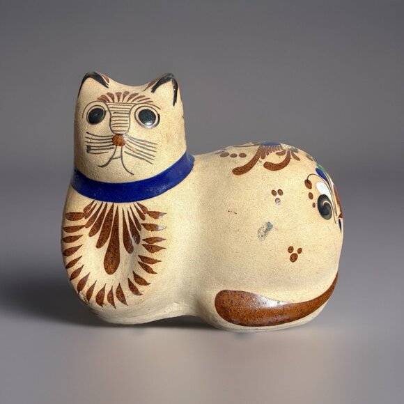 Vintage TONALA Pottery Large 12" Cat Sculpture Hand Painted Mexican Folk Art